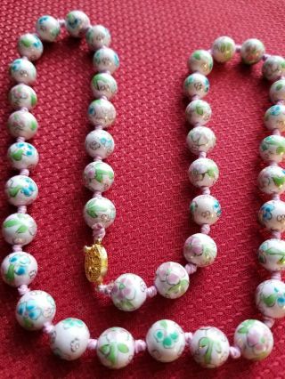 Vintage Chinese Export Hand Painted Porcelain Beads Knotted Necklace 25 "