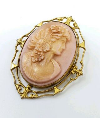 Antique Victorian Pink Flowers Cameo Brooch Pin