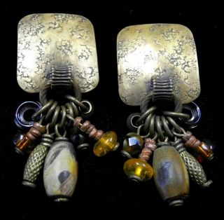 Marjorie Baer Tribal Dangle Earrings Pierced Omega Backs Brass Glass Wood Sf Fab