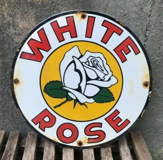 Vintage White Rose Enarco Motor Oil Porcelain Enamel Sign 11 3/4 Gas Pump Plate