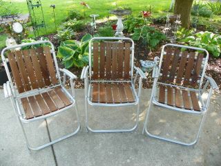 3 Vintage Aluminum & Wood Slat Folding Lawn Chair,  Redwood,  Red Wood,  Wooden