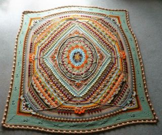 Vintage Crocheted Crochet Afghan Wool Blanket Throw 48 " X 48 " C1970 