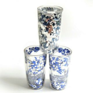 Vtg Confetti Tervis Tumbler 16 Oz Blue Silver Set 3 Cups Cold Hot Plastic Drink