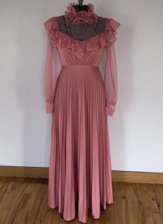 Vtg 70s L/s Rose Pink Lace Maxi Bridesmaid Formal Evening Dress Accordion Skirt