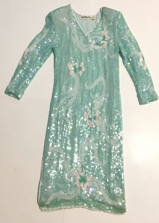 Vtg Scala Dress 100 Pure Silk Sequins Beaded Milano Paris La