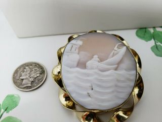 Antique Victorian Carved Shell Cameo Pin Brooch With Castle And Boat On Water