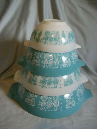 Vtg Pyrex Amish Butterprint Turquoise Cinderella Mixing Bowls 441 - 444 Set Of 4