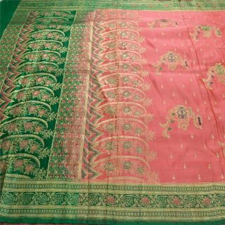 Sanskriti Vintage Green Heavy Saree Pure Satin Silk Banarasi Brocade Fabric Sari