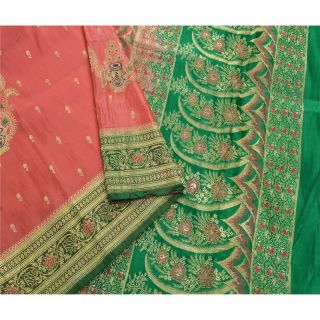 Sanskriti Vintage Green Heavy Saree Pure Satin Silk Banarasi Brocade Fabric Sari 2