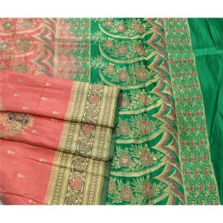 Sanskriti Vintage Green Heavy Saree Pure Satin Silk Banarasi Brocade Fabric Sari 3