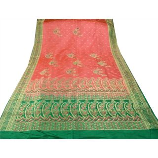 Sanskriti Vintage Green Heavy Saree Pure Satin Silk Banarasi Brocade Fabric Sari 4