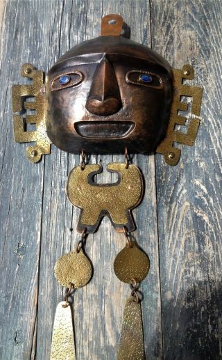 Vintage Inca Mask,  Copper Relief & Lapis Lazuli Eyes,  Brass Accents,  Chile