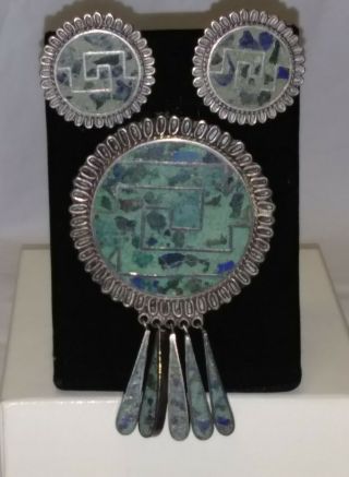 Rare Manuel Porcayo Figueroa 925 Sterling Lg.  Inlaid Pendant Brooch,  & Earrings