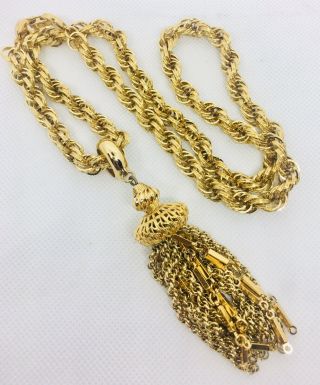 Monet Tassel Necklace Gold Plated Ornate Links Runway Vintage Jewelry