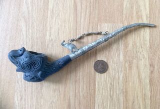 Vintage Large Clay Elephant Head Tobacco Pipe,  Embossed White Metal Long Stem,  Old 4