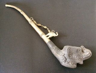 Vintage Large Clay Elephant Head Tobacco Pipe,  Embossed White Metal Long Stem,  Old 8