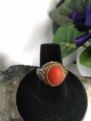 Antique Vtg Chinese Export Silver Coral Filigree Ring