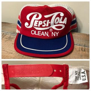 Vintage 1980s Pepsi Cola Olean Ny Snapback Mesh Trucker Hat Cap Usa 3 Stripe Nr