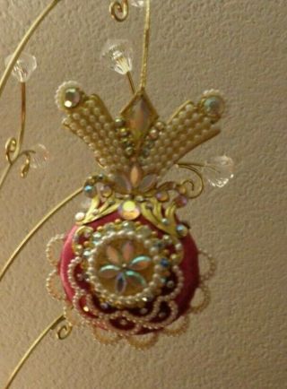 June Zimonick Vintage Beaded Ornament Rare Fuchsia Disc AB Swarovski Stones 6