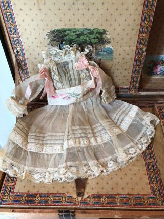 Antique Young Girl Doll Organza Dress W/lace & Ribbon Trims