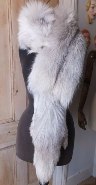 Real Fur Vintage Natural Pearl Platina Silver Fox Tie Stole.