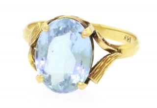 Vintage 18k Yellow Gold 3.  50ct Blue Topaz Solitaire Cocktail Ring Size 5.  75
