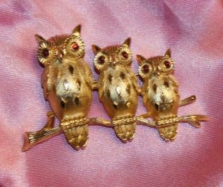 Pristine Crown Trifari Signed Red Eyed Triple Owl Pin - 2 3 /16 Inches - No Wear
