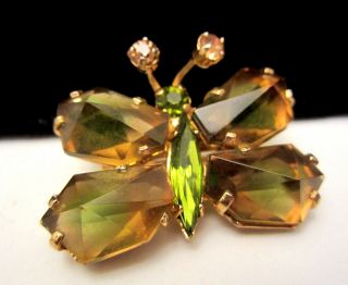Signed Austria Vintage 1 - 1/2 " Amber Green Glass Butterfly Figural Brooch 39