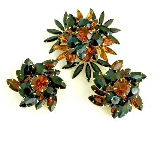 Vintage Signed Judy Lee Gold Art Glass And Rhinestones Brooch/pin,  And Earrings