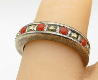 Lagos Caviar 925 Silver & 18k Gold - Vintage Coral Accent Band Ring Sz 7 - R10180