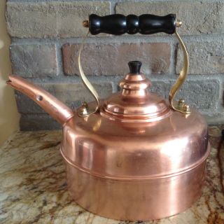Vintage Simplex Whistling Copper Tea Kettle,  Brass & Wood Handle Pre Owwned