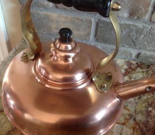 Vintage Simplex Whistling Copper Tea Kettle,  Brass & Wood Handle Pre Owwned 2