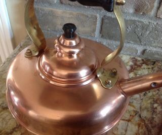 Vintage Simplex Whistling Copper Tea Kettle,  Brass & Wood Handle Pre Owwned 3