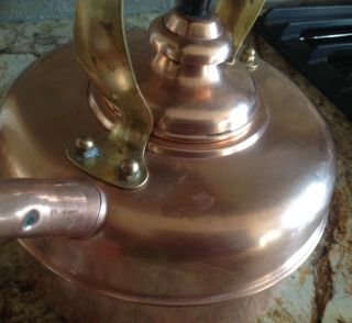 Vintage Simplex Whistling Copper Tea Kettle,  Brass & Wood Handle Pre Owwned 8