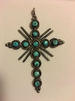 " Rexx " Rex Navajo Ornate Turquoise Sterling Silver Religious Cross Pendant 3.  5”