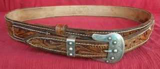 Vintage Vogt Sterling Silver Overlay Ranger Buckle Set W/hand Tooled 38 Belt - Nr