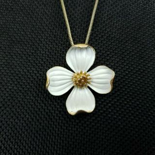 Vintage Crown Trifari Necklace White Dogwood Flower Pendant Gold Tone Chain