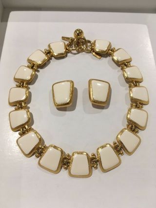 Anne Klein Gold Tone & Cream Enamel Necklace And Clip On Earring Set Signed Ak