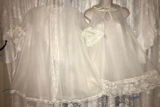 Vtg Vanity Fair Bridal White Babydoll Sheer Chiffon Peignoir Robe Nightgown Xs