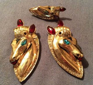Vtg Coro Craft Sterling Silver Gold Fur Clips Duette Horse Rhinestone