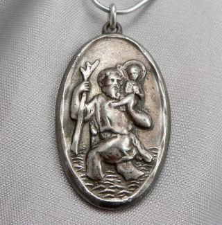 Vintage Sterling Silver St.  Saint Christopher Religious Medal Oval Pendant Charm