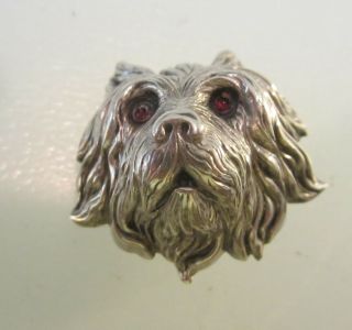 Victorian Sterling Terrier Dog Brooch With Ruby Glass Eyes