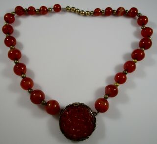 Carved Carnelian Necklace Chc Sign Vintage Chinese Signed Gold Over Silver 61.  3g
