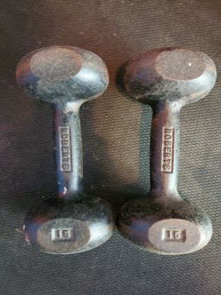 Pair Vintage Roberts Cast Iron 15 Lb Pound Round Head Dumbbell Hand Weights