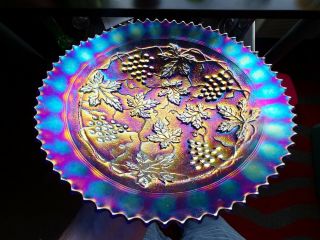 Rare Northwood Carnival Glass Electric Blue Grape Cable Stippled Variant Plate