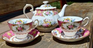 Vintage Royal Albert Lady Carlyle Pink And Gold Floral Tea Set 6 Pc