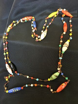 Vintage Art Deco Murano Venetian Wired Glass Art Beaded Flapper Necklace