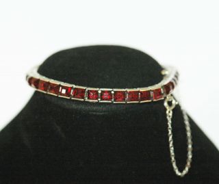 Vintage Art Deco " Sterling " Faceted Red Rhinestones Tennis Bracelet Safety Chain