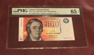 Finland 500 Markkaa Bank Note Pmg 65 Gem Unc Epq Pick 120 Litt A Rare Date