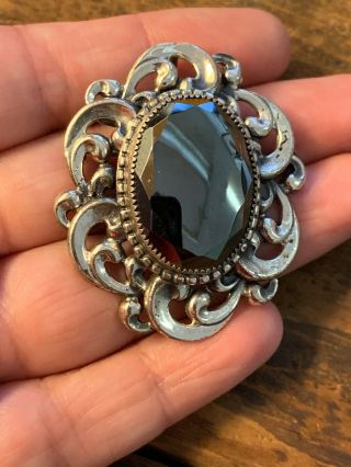 Vintage Danecraft Sterling Silver Black Hermatite Glass Pendant Pin Brooch